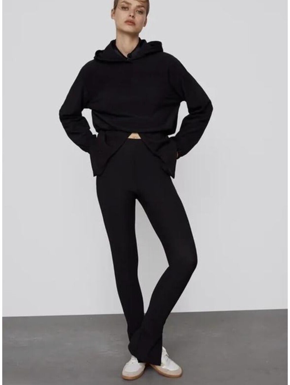 Zara Ottoman Ribbed Slit Hem Leggings Black High Waist Stretch Pants Size L